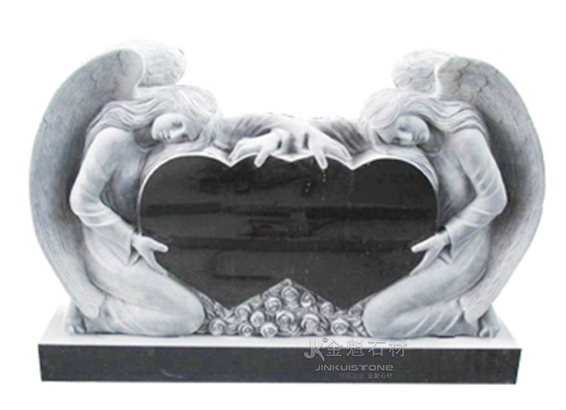 Ручная резьба из натурального камня Два ангела на коленях с двойными сердцами на гранитном надгробии